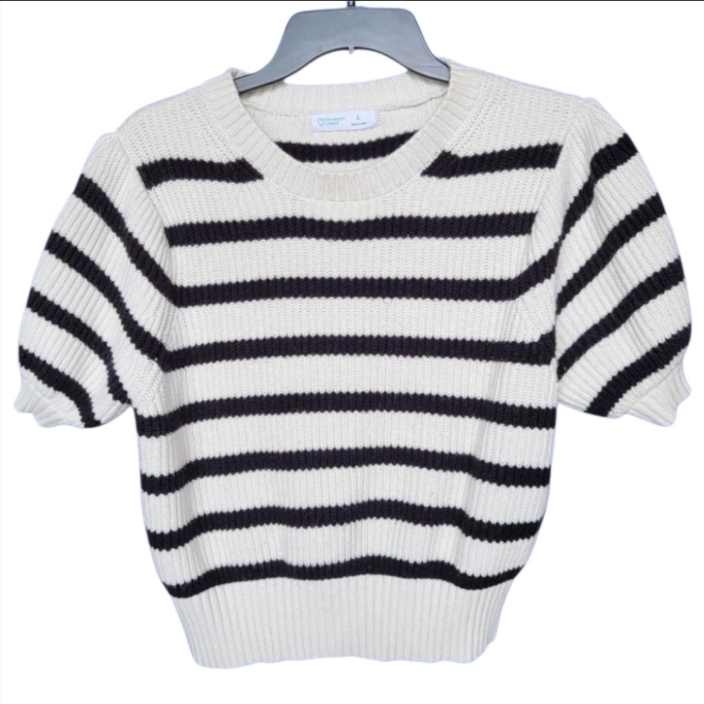 French Girl Preppy Striped Cropped Knit Sweater Short Sleeve Black White L